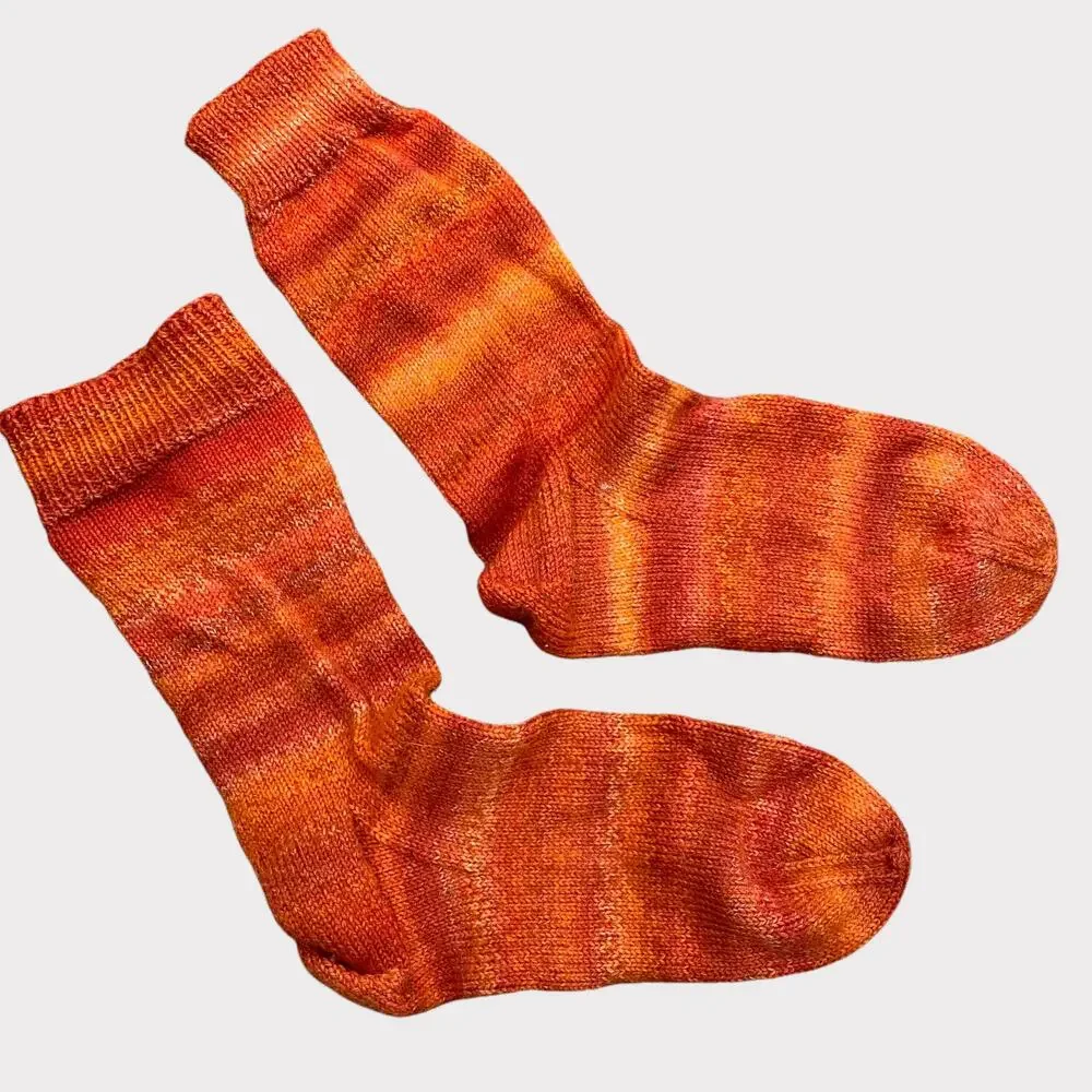 Hand Knit Womens Wool Socks Orange Variegated Stripe